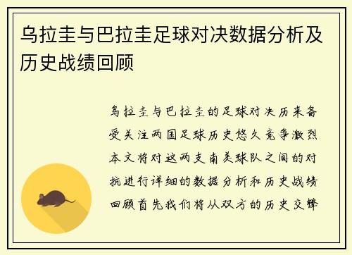 乌拉圭与巴拉圭足球对决数据分析及历史战绩回顾