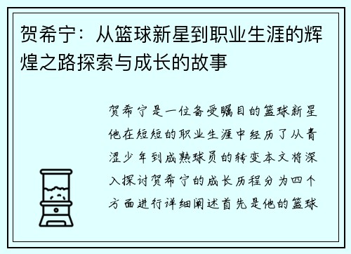 贺希宁：从篮球新星到职业生涯的辉煌之路探索与成长的故事